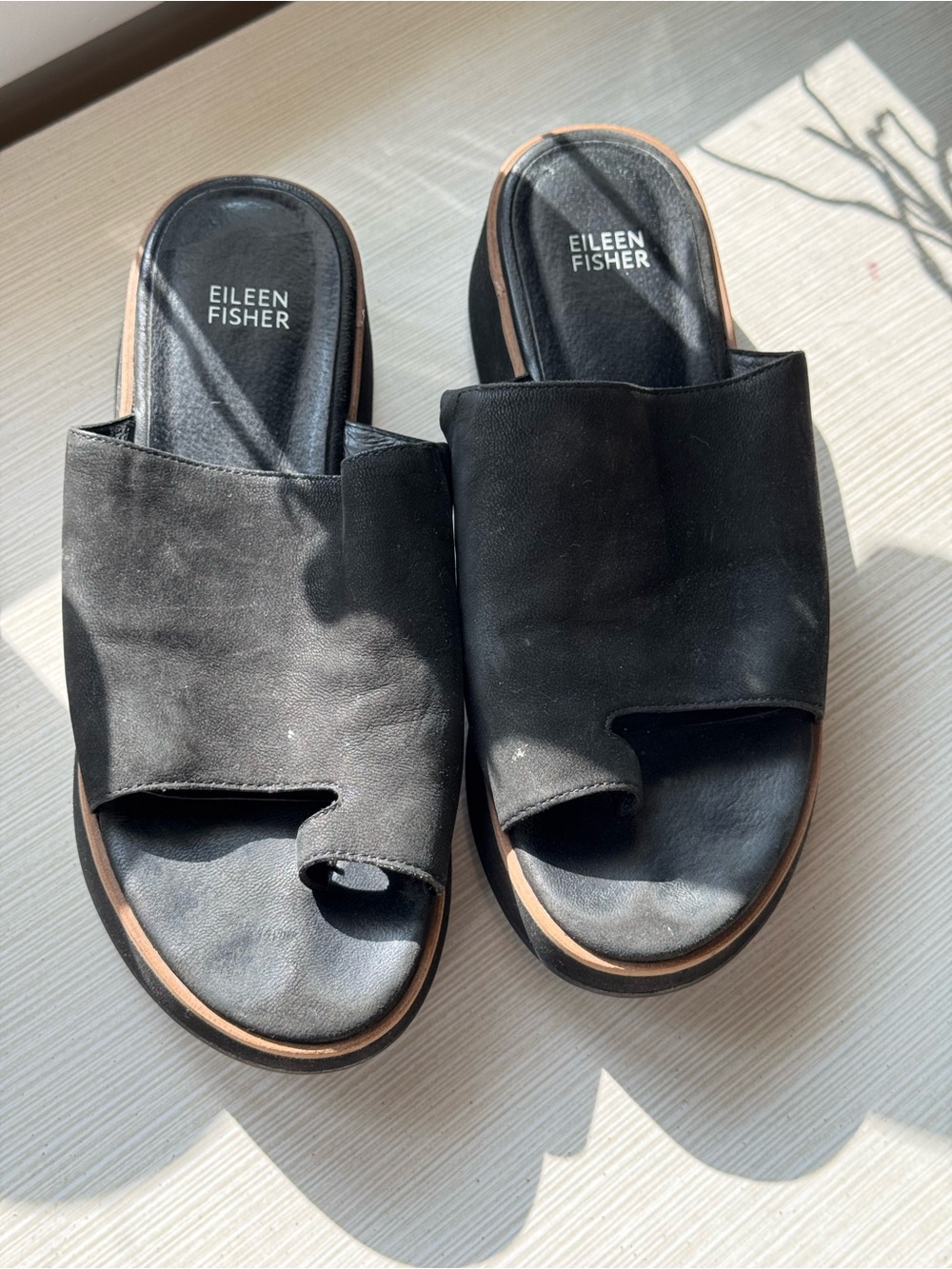 Eileen Fisher Worn Black Leather Open-Toe Slide Mules Size 9